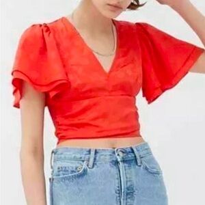Urban Outfitters Webster Jacquard Flutter Sleeve Top Medium Orange